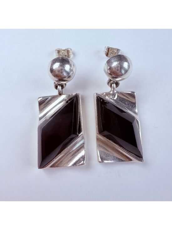Unbranded Jewelry - Modernist Taxco Black Jet Onyx Sterling Silver 950 VTG Rectangle Earrings Mexico